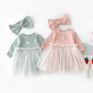 2020 populares roupas de manga comprida criança crianças bebê da menina de flor do partido da princesa Vestidos Com faixa de cabelo gratuito vestido