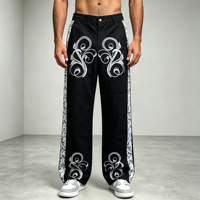 Pantalon vintage imprimé à motifs, coupe droite, streetwear, noir, impression numérique, poche, fermeture éclair, bouton