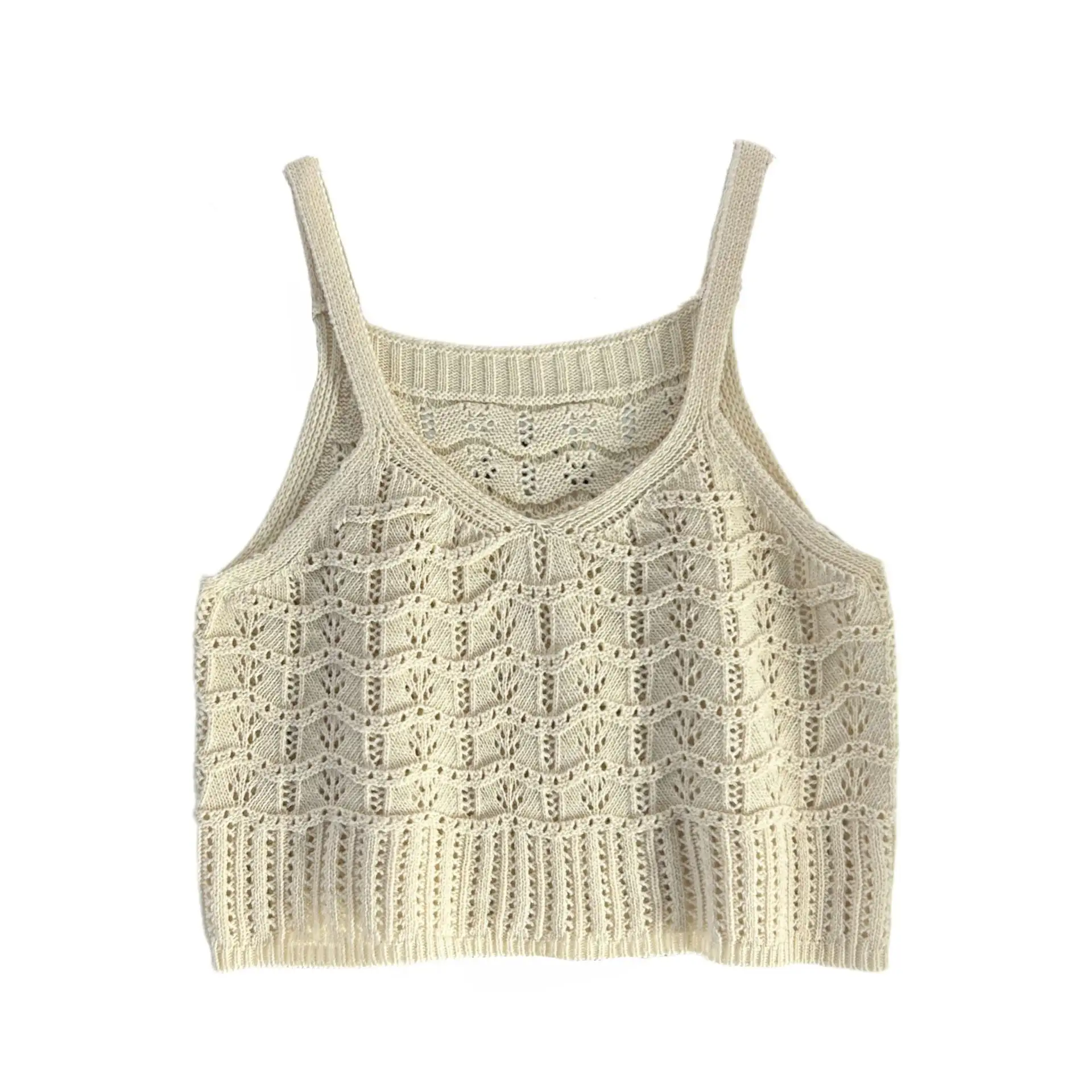 2024 Hot selling Custom Design sense of niche Women Tops Vest handmade Beige Khaki Knitted Suspender Hollow Knitting Sling Vest