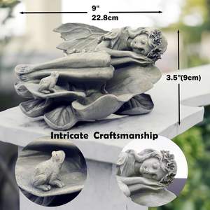Statue de fée de jardin en résine HVFun, décoration extérieure, sculpture représentant un ange endormi sur une feuille de lotus, oiseau de table, observation des oiseaux dans la cour - Product Image 6