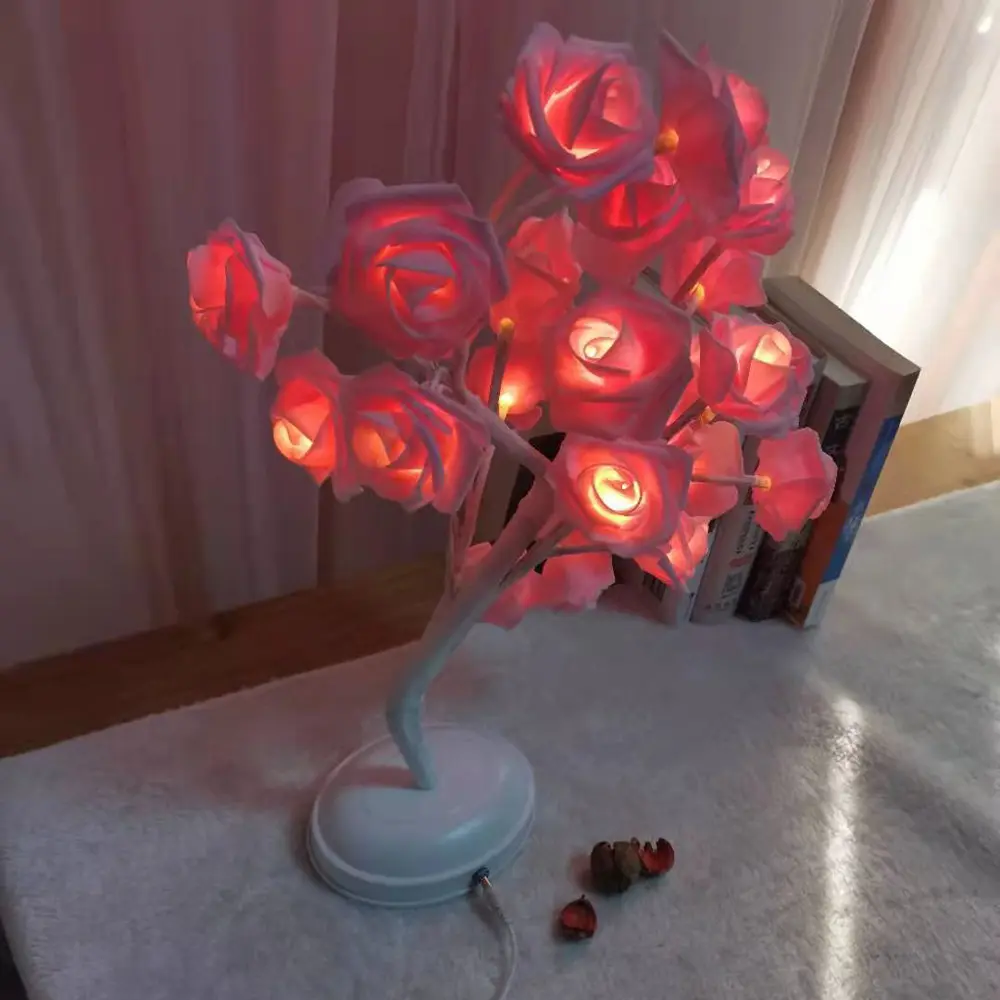 Lampe pour Table d'arbre Rose sans fil à 16, 24 ou 32 LED, lumière changeante, fonctionnement à piles, décoration de Festival, noël, pour chambre à coucher