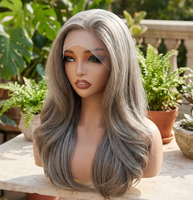 KEMY HAIR Perruque Lace Frontale Synthétique Luxe Gris Brun Haute Qualité Courte pour Femme 1 Perruque 3 Styles : Ondulée Naturelle, Lisse, Bouclée Crépue
