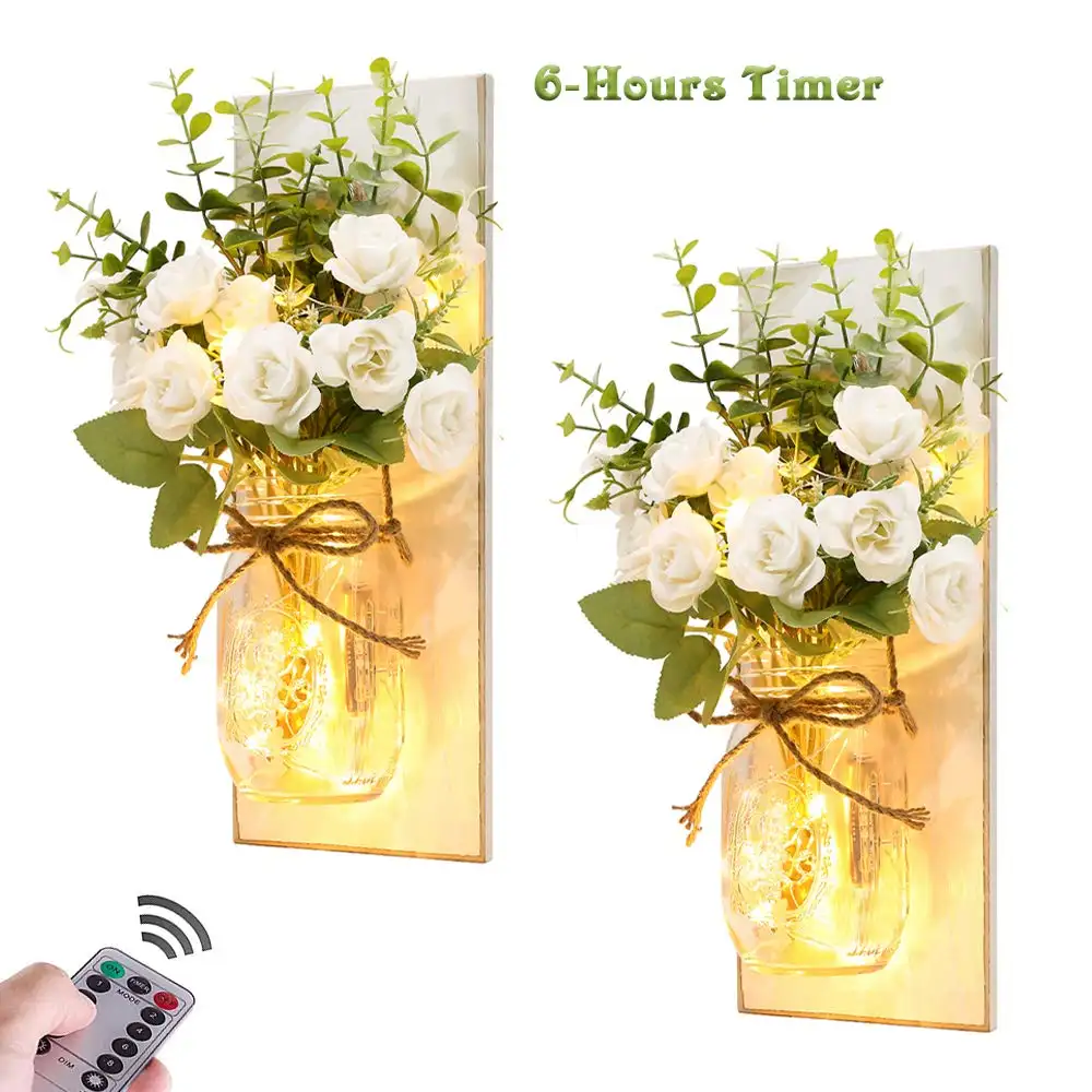 Rustic Wall White Flower Sconces Mason Jar Lights Handmade Wall Art Hanging Design with LED Fairy Lights and White Rose
