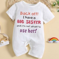 Pakaian Bayi Ramah Lingkungan Grosir Pabrik Unisex, Romper Putih Polos dengan Cetakan Huruf, Lengan Pendek, Romper Satu Potong, Kancing Tekan