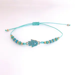 Wholesale Direct Selling Handmade Woven Adjustable Bracelet Fatima Hand Style Synthetic Turquoise And Crystal Beads Bracelet