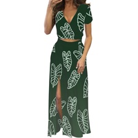 Hawaii Style femmes à manches courtes robe longue Kalo feuilles imprimer col en V à manches courtes jupe longue costume élégant dame deux pièces costumes