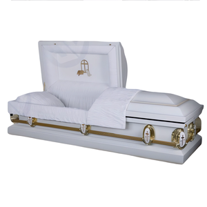 Ataúd de Metal de Acero de Alta Calidad de 20 Ga con Acabado Dorado Griego en Tono Blanco Antiguo para Funerales - Product Image 1