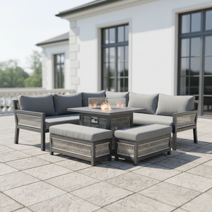 Ensemble de canapés d'extérieur compact gris en rotin pour terrasse et jardin, avec table de brasero relevable en aluminium – Prix abordable (<span class=keywords><strong>Londres</strong></span>) - Product Image 1