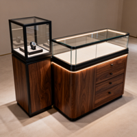Comptoir de caisse moderne en noyer foncé avec vitrine intégrée, bureau de réception en forme de L avec tiroirs de rangement pour magasin de montres