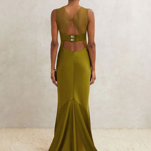 Vestido maxi casual de satén verde oliva para mujer, estilo sirena, con panel de malla transparente - Product Image 3