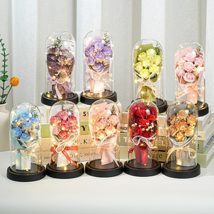 Bouquet di Rose Eterne con Fiori Secchi e LED in Cupola Acrilica, Regalo per il Ritorno a Scuola, Luci Calde Eterne - Product Image 1