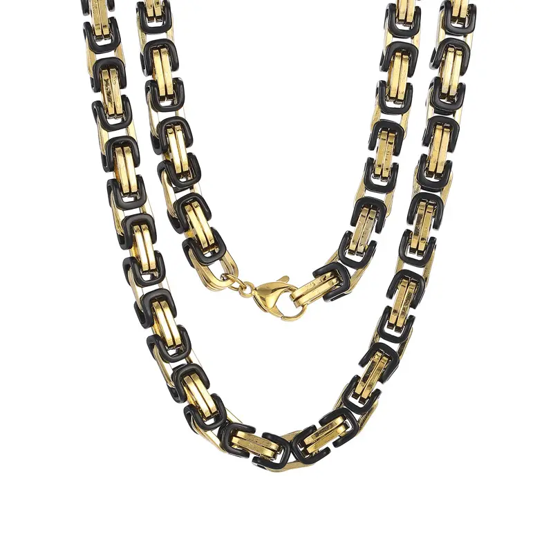 Herren 8mm breite schwere zweitöne schwarze und goldene byzantinische Kette Halskette Edelstahl 18K Gold plattiert Gold kubanische Kette Klassisch --