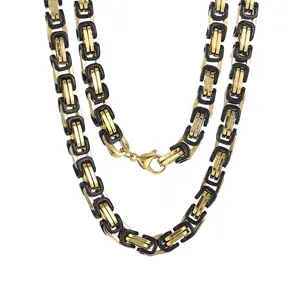 Men 8mm Wide Heavy Two Tone Black&gold Byzantine Chain Necklace Stainless Steel 18K Gold Plated Gold Cuban Link Chain CLASSIC --