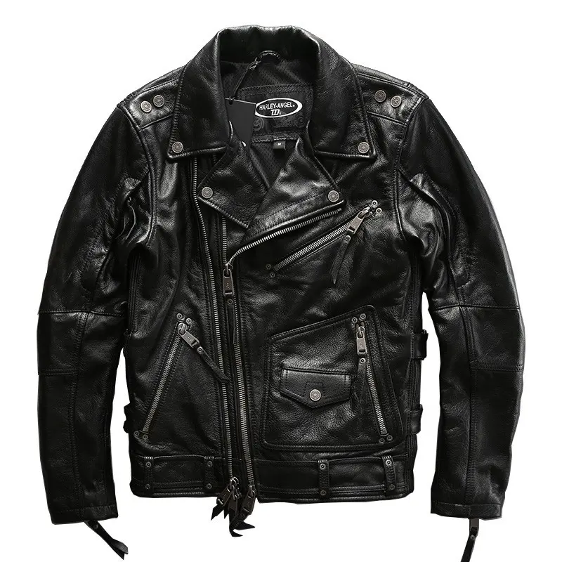 Customized OEM High Quality Large Size Genuine Leather Garment Oblique Zipper Men's Motorcycle Riding Cowhide Leather Jacket