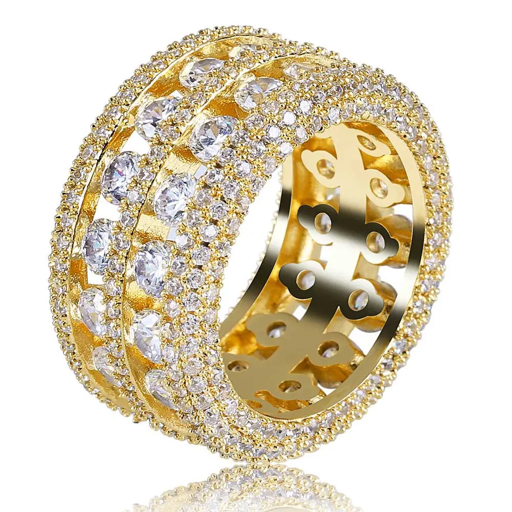 Кольцо гениальное с золотым и серебряным покрытием, блестящее кольцо на палец в стиле хип-хоп с микрозакрепкой, 2 ряда, с крупным цирконием, с кристаллами
