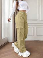Pantalon cargo taille haute pour femme, coupe large, plusieurs poches, style décontracté streetwear, longueur intégrale