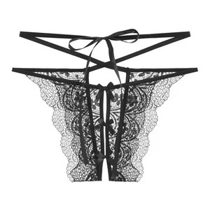 Culotte transparente sexy à entrejambe ouvert, string en dentelle orné de rubans, T-shirt sexy taille basse - Product Image 4