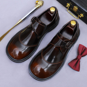 Chaussures d'affaires pour hommes en cuir haut de gamme, brillantes, à bout rond, chaussures décontractées, boucle en métal, chaussures pour hommes en cuir de vachette - Product Image 1