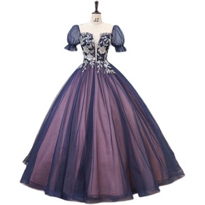 Navy Blue Puff Sleeve Evening Gown Women Stage Performance Tutu Skirt Wedding Dress Polyester Fiber 1031 - Product Image 5