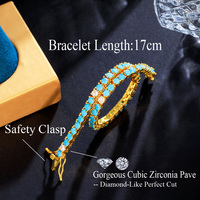 Nouveau Bracelet Chaîne Tennis Classique Plaqué Or Africain avec Pierres Turquoises Bleues Rondes de 3mm pour Femme et Fille, Bijoux Plaqué Or