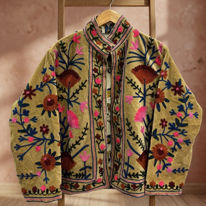 Chaqueta Bomber de Terciopelo Beige Hecha a Mano para Unisex con Bordado Floral Intrincado Suzani, Estilo Boho Chic, Acabado en Algodón Transpirable - Product Image 3