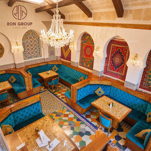 Bộ bàn ghế ăn hình chữ L phong cách Morocco sang trọng, làm từ gỗ chạm khắc thủ công, bọc nhung, kèm bàn đá cẩm thạch dành cho nhà hàng - Product Image 6