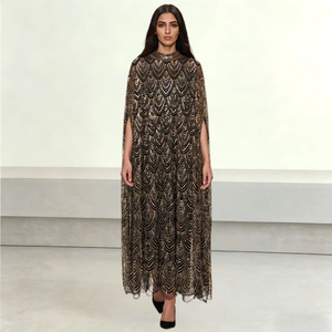 Robe Abaya de Luxe Noire et Dorée Perlée <span class=keywords><strong>pour</strong></span> <span class=keywords><strong>Femme</strong></span>, Col Montant, Manches Cape, Robe Longue Modeste, Caftan de Soirée <span class=keywords><strong>pour</strong></span> Invitée du Moyen-Orient, ODM - Product Image 1