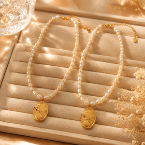 Collier personnalisé en acier inoxydable, élégant, avec perle fraîche, <span class=keywords><strong>pendentif</strong></span> camée ovale vintage, portrait de dame, plaqué <span class=keywords><strong>or</strong></span> 18 carats, pour femme - Product Image 2
