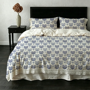 100% Cotton <strong>Duvet</strong> Cover <strong>Set</strong> <strong>Navy</strong> Blue Tulip Print Lace Trim Scandinavian 4-Piece Bedding <strong>Set</strong> for Bedroom Decor - Product Image 6