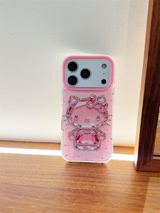 Coque de téléphone portable Cartoon Diamond KT Cat Bow pour iPhone 17 16 15 Pro Max, cadre d'appareil photo mignon et brillant, coque arrière 3D en cristal DIY IMD - Product Image 6