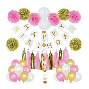 Pink and Gold Happy Birthday Decorations For Women Happy Birthday Banner Hanging Swirls Paper Garland for 1 Birthday Decoration