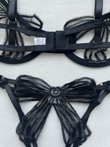 Black Sheer Mesh Bow 2 Piece Sexy Lingerie Set Underwire Cutout Bra Strappy <b>Thong</b> Women Erotic Intimates Underwear Wholesale - Product Image 5