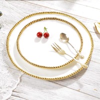 Assiette de dîner en céramique blanche de luxe avec bordure dorée perlée, assiette de présentation ronde en porcelaine pour mariage, banquet, restaurant