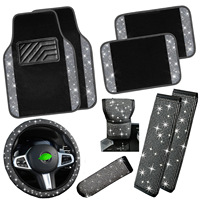 Ensemble d'accessoires de voiture scintillants : Housse de volant et tapis de sol universels avec strass étincelants pour femmes