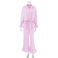 RUIYI Sommer Herbst Winter Romantische Pyjamas Rosa Kariert Gerüschter Langarm-Cardigan Spitzenhose Zweiteiliges Set Weich Atmungsaktiv