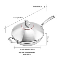 Wok à fond plat en acier inoxydable composite à cinq couches, poêle antiadhésive sans revêtement, compatible induction, design moderne et minimaliste