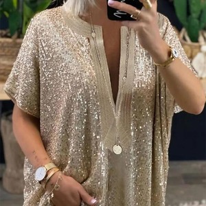 Camisa de Manga Corta con Cuello en V y Lentejuelas, Color Dorado y Plateado, Blusa de Fiesta, Top Informal Holgado para Mujer, Tela de Poliéster - Product Image 1
