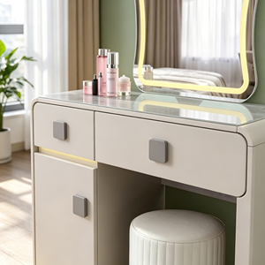 Coiffeuse moderne blanche avec miroir éclairé, tiroirs de rangement et armoire, table de maquillage pour chambre à coucher avec tabouret - Product Image 3