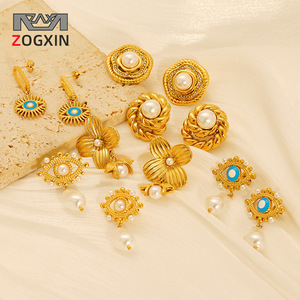 ZOGXIN Pearl Stud Earrings Gold Flower Shape Geometric Design For Women Party Jewelry - Product Image 1