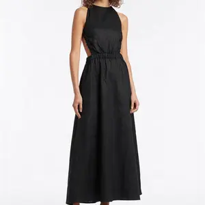 Tong Rui S22 Long Linen backless sexy black Dress women elegant black dress halter