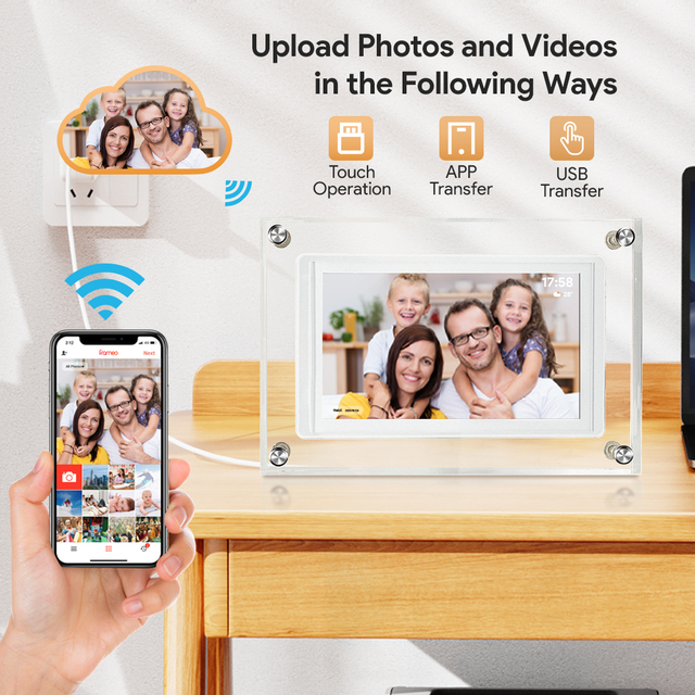 Acrylic Digital Photo Frame with Clock 5-Inch LCD Touch Screen for WiFi Video & MP3 Support