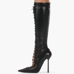 Bottes longues en jean pour femme, à lacets sur le devant, avec découpes, grande taille 47, talons aiguilles fins, fermeture éclair latérale, pour l'été - Product Image 5
