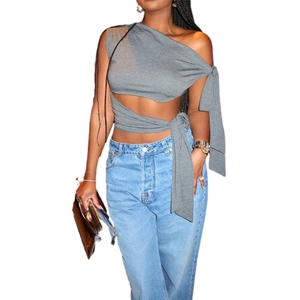 Spring New Stylish Strapless Sexy <b>Tie</b> Waisted Short Solid Colour Tops for Women Fashion - Product Image 1