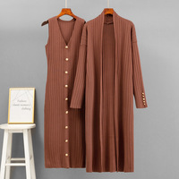 Ensemble Tricoté Twin-set pour Femmes Col en V Robe Midi sans Manches Gilet à Manches Longues Vêtements pour Femmes