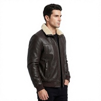 Blouson aviateur homme en cuir véritable marron avec doublure en fausse fourrure, col montant, respirant, fermeture éclair, chaud pour l'hiver, motif moto sur le devant
