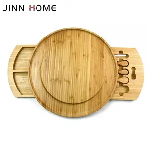 Jinn Home Plateaux de service ronds en bois de bambou Plateau de transport pour café Plateau de décoration Couteau et fourchette assortis