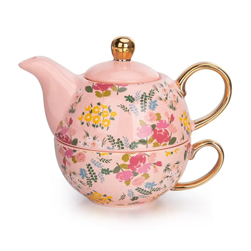 custom printing color glazed pink porcelain teapot for one person tea pot cup sets with gold handle