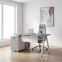 Bureau de direction de luxe en forme de A avec rangement latéral intégré, écologique, convertible, modulaire, panneau de classe E1, pieds en métal blanc