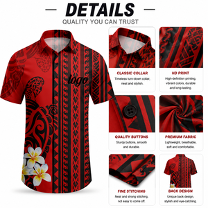 Camisas Aloha Personalizadas para Hombre, Camisas Polinesias con Estampado de Tortuga Marina, Flor de Plumeria y Tatau, Camisas Rojas Tribales de Fiyi y Samoa para Vacaciones en <span class=keywords><strong>la</strong></span> <span class=keywords><strong>Playa</strong></span> - Product Image 3