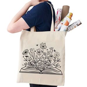 Cotton Printed Eco-friendly Shopping Women's Shoulder Grocery Tote Fabric Rope Handle Custom Logo Canvas Multiple Pocket - Product Image 1